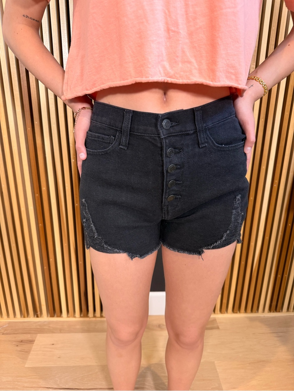 SO Black High-Rise Distressed Button-Front Denim Shorts